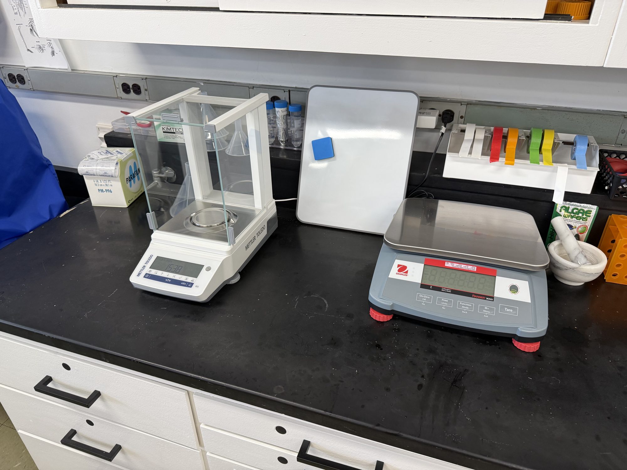 Analytical balance and laboratory scale on a lab bench
